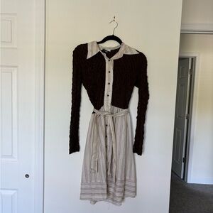 1970s Vintage Brown and Cream Women's Dress